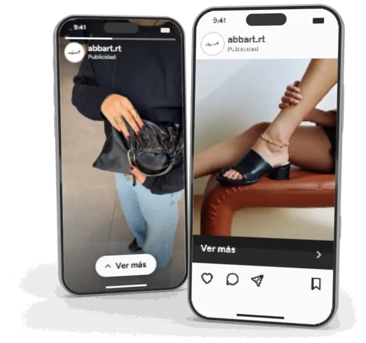Anuncio de Abbárt en Instagram: mujer con un bolso de cuero negro. Anuncio de Abbárt en el feed de Instagram: sandalias de tacón en cuero negro.